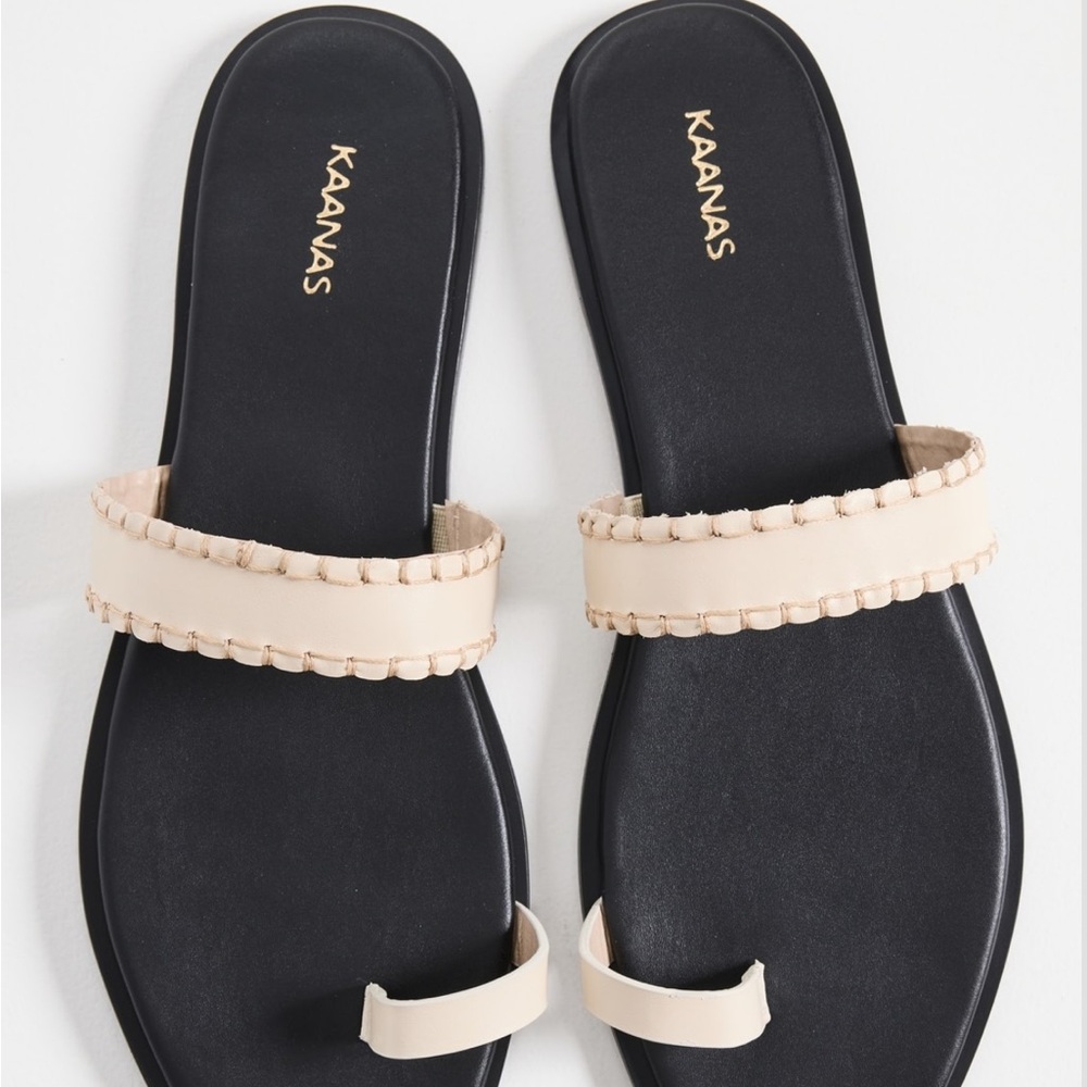 Kaanas Pirita Beige Braided Strap Toe-Loop Slide Sandals - Picture 2 of 6
